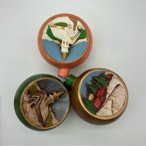 Christmas ornaments 3 diorama style handpainted green gold peach 3 Duncan 1975